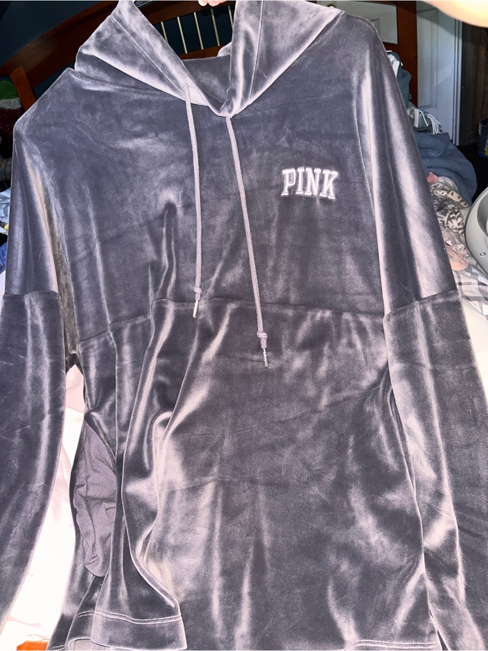 PINK Victoria's Secret Velvet Hooded Pullover in Charcoal Gray